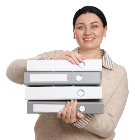 Professional accountant with folders on white background