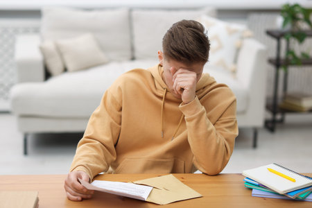 Upset man with letter from university at table indoorsの写真素材