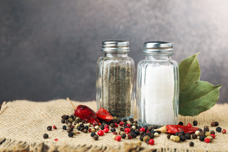 Salt and pepper shakers with spices on burlap cloth against blurred background, closeup. Space for...
