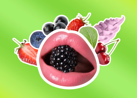 Summer vibe poster with female lips, berries and ice cream cone on green gradient background....