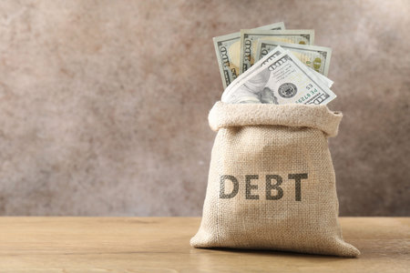 Bag with word Debt and dollars on wooden table. Space for textの写真素材