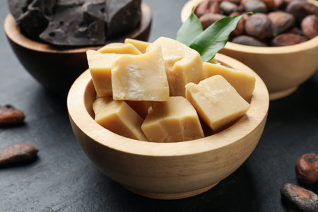Organic cocoa butter, beans, chocolate pieces and green leaves on black table, closeup