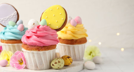 Tasty cupcakes with Easter decor on white table, closeup. Space for text