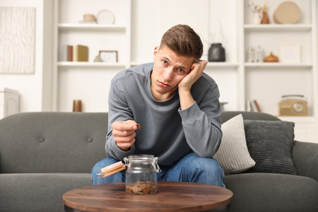 Sad man with savings jar and money at wooden table indoors