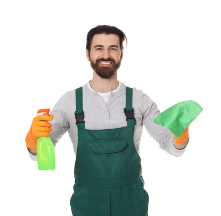 Cleaning service worker with spray bottle and rag on white backgroundの写真素材