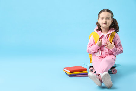 School holidays. Cute girl with backpack sitting on penny board against light blue background, space for textの写真素材