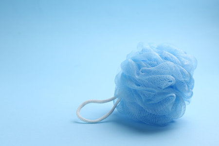One mesh sponge on light blue background. Space for textの写真素材