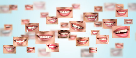 People with healthy teeth, collage of smiles on light blue background. Dental care