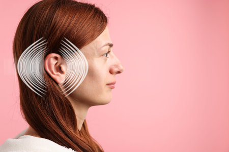 Hearing health. Woman with audio waves around her ear on pink background