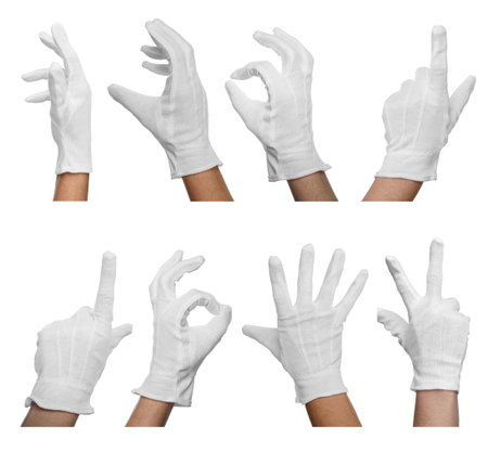 Hands in cloth glove isolated on white, set