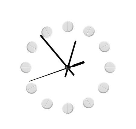 Creative clock design with pills on white background