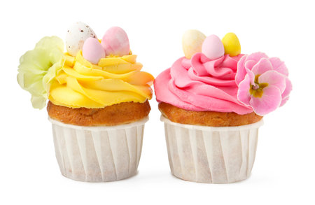 Tasty decorated Easter cupcakes isolated on white
