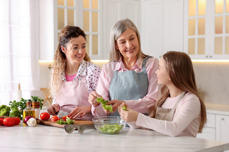 Smiling grandmother, her daughter and granddaughter cooking together at white marble table in...