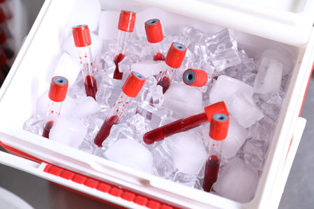 Cool box with test tubes of blood samples on table, above viewの写真素材