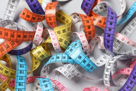 Different measuring tapes on light grey background, flat lay