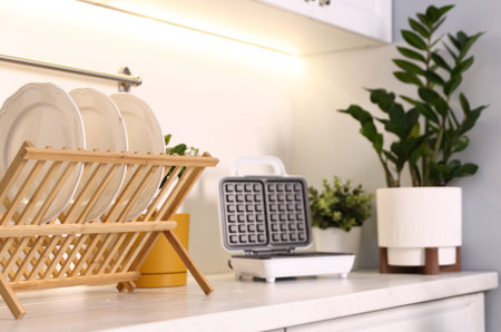 Potted houseplants and plates on countertop in kitchen, closeup. Interior design