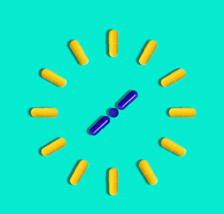 Creative clock design with different pills on turquoise background