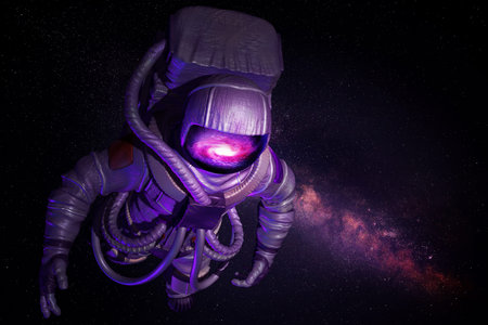 Astronaut in space. Astronomical object reflecting in helmet of his spacesuit