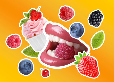 Creative collage with female lips, berries and cupcake on orange gradient background. Summer vibe posterの写真素材