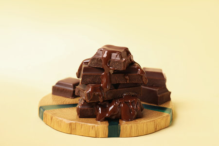 Pieces of tasty chocolate melting on beige background, closeup