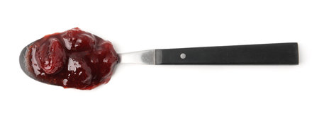 Sweet strawberry jam in spoon isolated on white, top viewの写真素材
