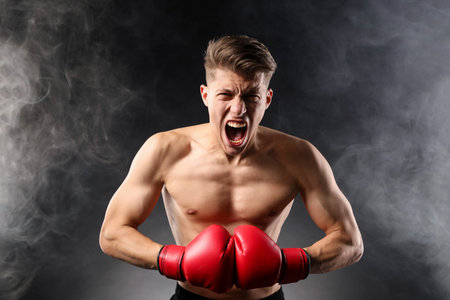 Emotional athletic man in red boxing gloves posing in smoke against black backgroundの写真素材