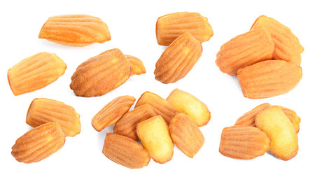 Delicious madeleine cakes on white background, collage