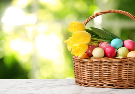 Easter eggs and tulips in wicker basket on table against blurred window. Space for text