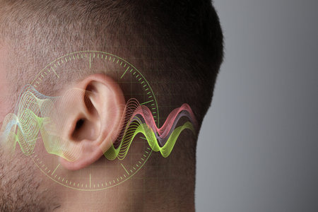 Hearing health. Man with audio waves near his ear on grey background, closeup