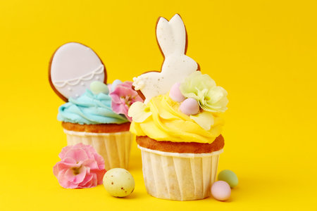 Tasty cupcakes with Easter decor, closeup