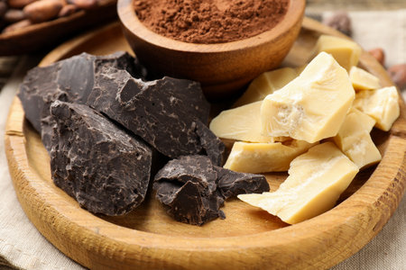 Organic cocoa butter, chocolate pieces, beans and powder on table, closeup