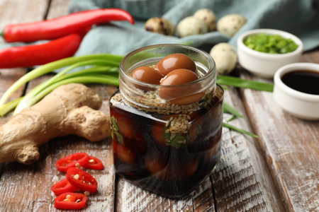 Pickled quail eggs in glass jar and ingredients on wooden table, closeupの写真素材