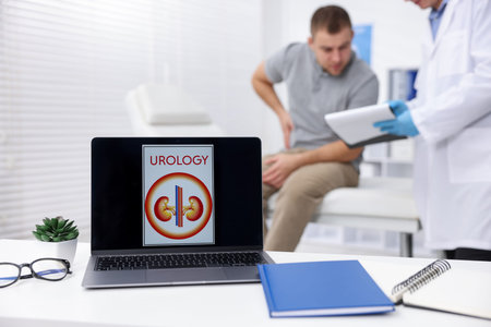 Man having appointment with urologist in clinic, focus on laptop with picture of urinary system,...