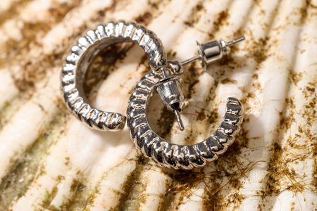 Shiny silver earrings on seashell, macro viewの写真素材