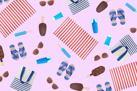 Seamless pattern of different summer objects on pink background