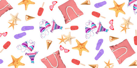 Summer seamless pattern of different seasonal objects on white background. Banner designの写真素材