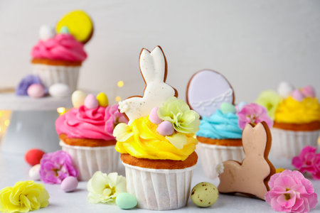 Tasty cupcakes with Easter decor on light grey table, closeup