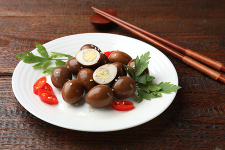 Pickled quail eggs and chopsticks on wooden table, closeup
