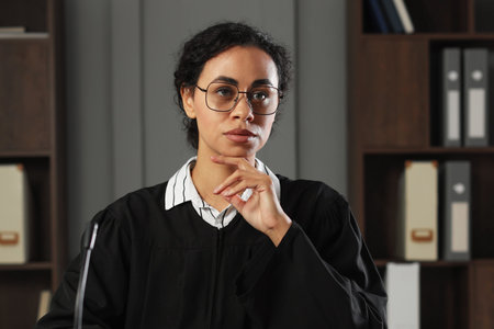 Judge in court dress at wooden desk indoors