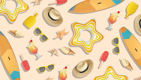 Seamless pattern of different summer objects on beige background. Banner designの写真素材