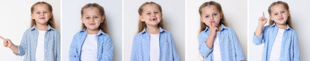 Cute little girl showing different emotions on white background. Collage of portraitsの写真素材