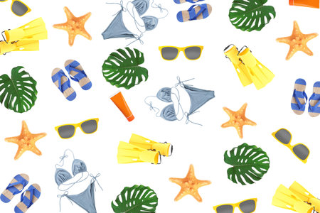 Summer seamless pattern of different seasonal objects on white background