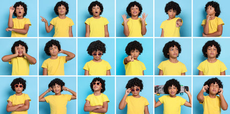 Cute little boy showing different emotions on light blue background. Collage of portraits