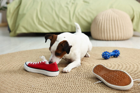 Naughty Jack Russell dog chewing shoe at homeの写真素材