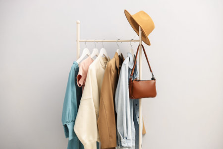 Different stylish clothes hanging on rack, bag and hat against light grey backgroundの写真素材