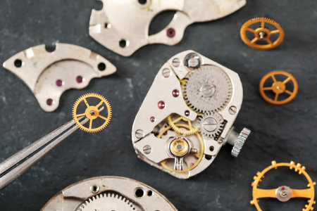 Mechanism of vintage wrist watch and gears on black table, above view