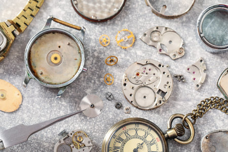 Mechanism of vintage wrist watch, gears and tool on grey table, flat lay