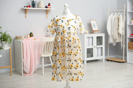 Female mannequin with dress, sewing tools, other clothes and table in workshop