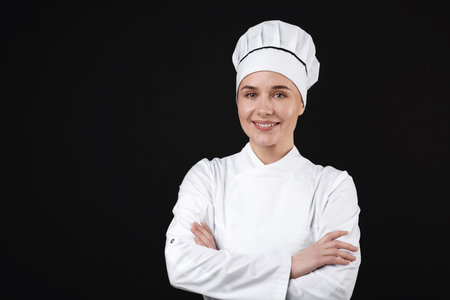 Professional chef in uniform on black background. Space for text
