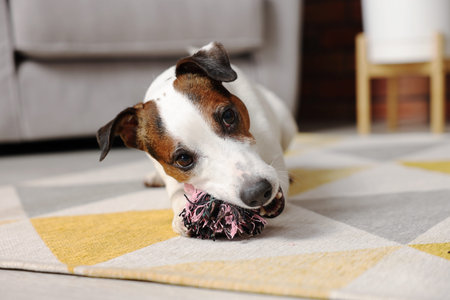 Jack Russell dog chewing toy on floor at homeの写真素材